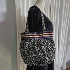 Vera Bradley Black and White Floral Shoulder Bag with Striped Accent